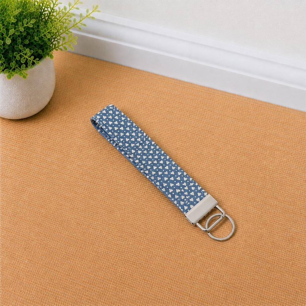 Blue Heart Keychain Wristlet, Fabric Key Fob, Cute Keychain, Womens Key Holder